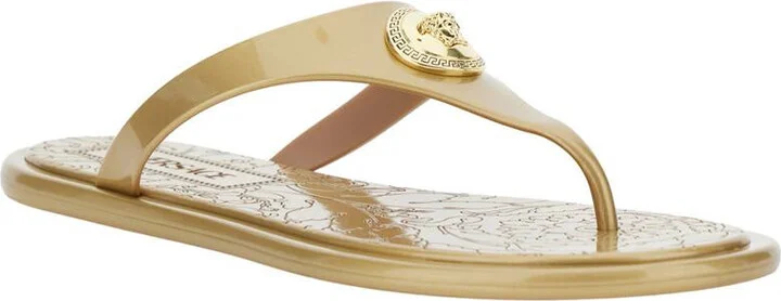 Beige Thong Slided With Medusa Plaque On The Front And Laminated Design In Tech Fabric Woman - Image 2