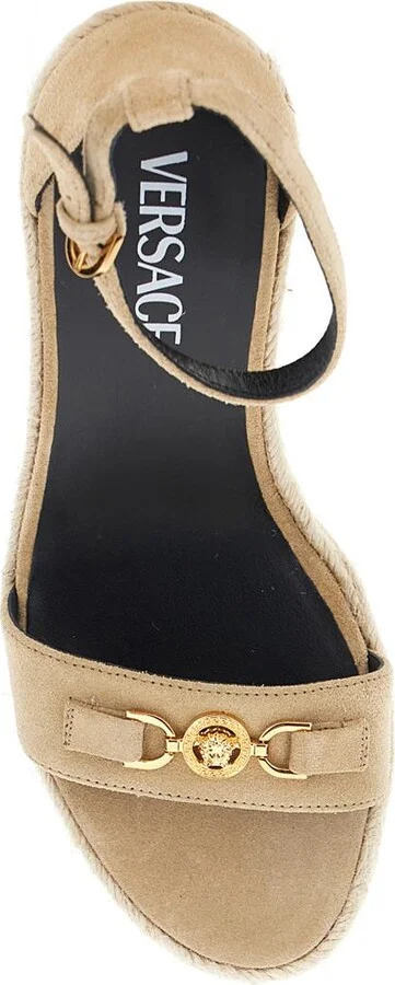 Beige Wedges With Adjustable Buckle Closure And Medusa Plaque On The Front In Leather Woman - Image 3
