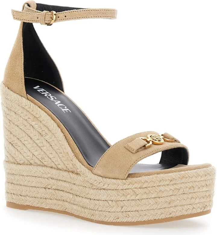 Beige Wedges With Adjustable Buckle Closure And Medusa Plaque On The Front In Leather Woman