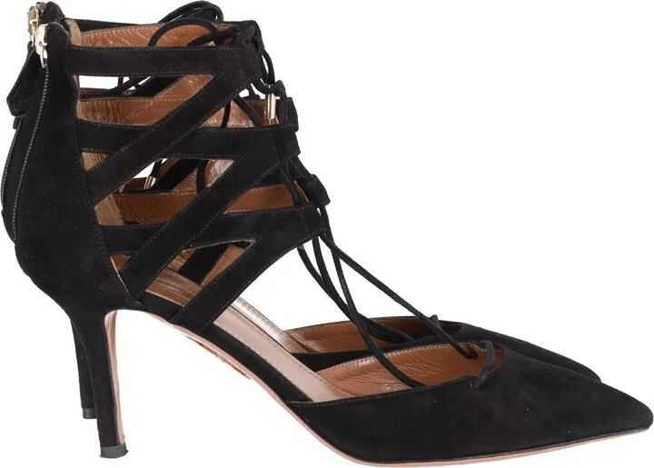 Belgravia Lace Up Pointed Toe Pumps in Black Suede