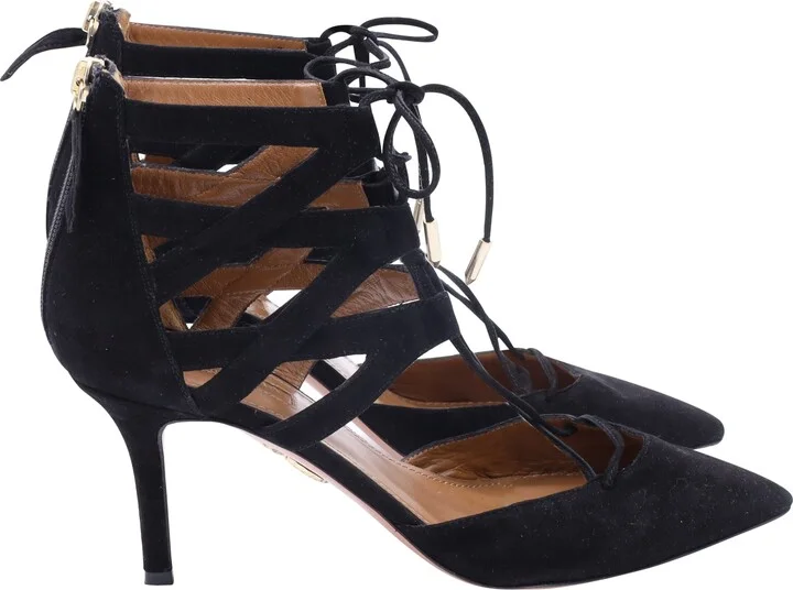 Belgravia Lace Up Pointed Toe Pumps in Black Suede