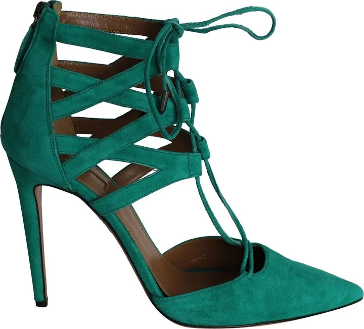Belgravia Lace-Up Pumps in Green Suede
