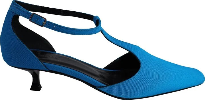 Bella T-strap Kitten Heels in Blue Leather