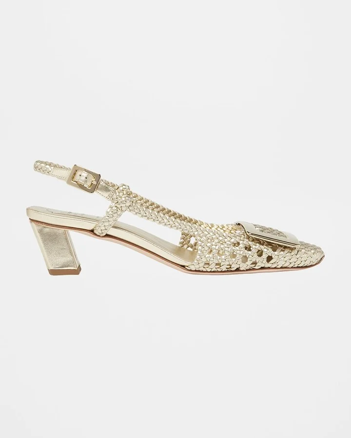 Belle Vivier Braided Metallic Leather Buckle Slingback Pumps