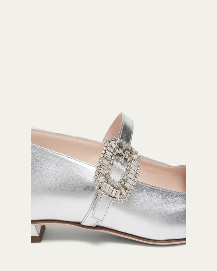 Belle Vivier Metallic Leather Crystal Buckle Mary Jane Ballerina Flats - Image 3