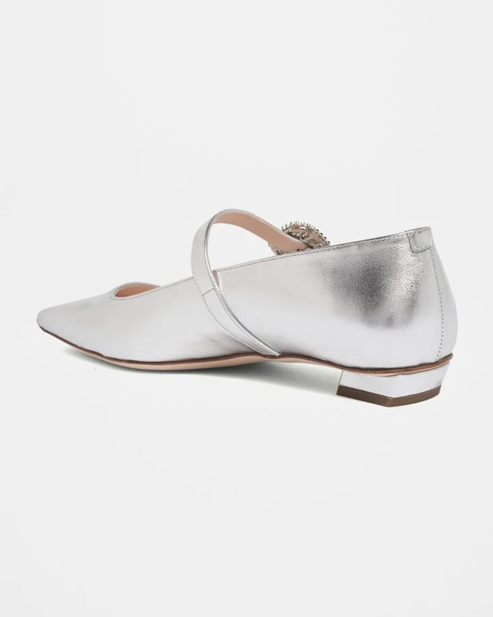 Belle Vivier Metallic Leather Crystal Buckle Mary Jane Ballerina Flats - Image 3