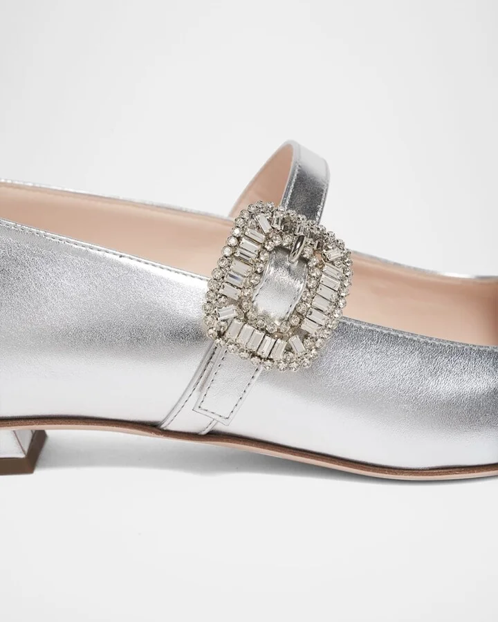 Belle Vivier Metallic Leather Crystal Buckle Mary Jane Ballerina Flats - Image 5