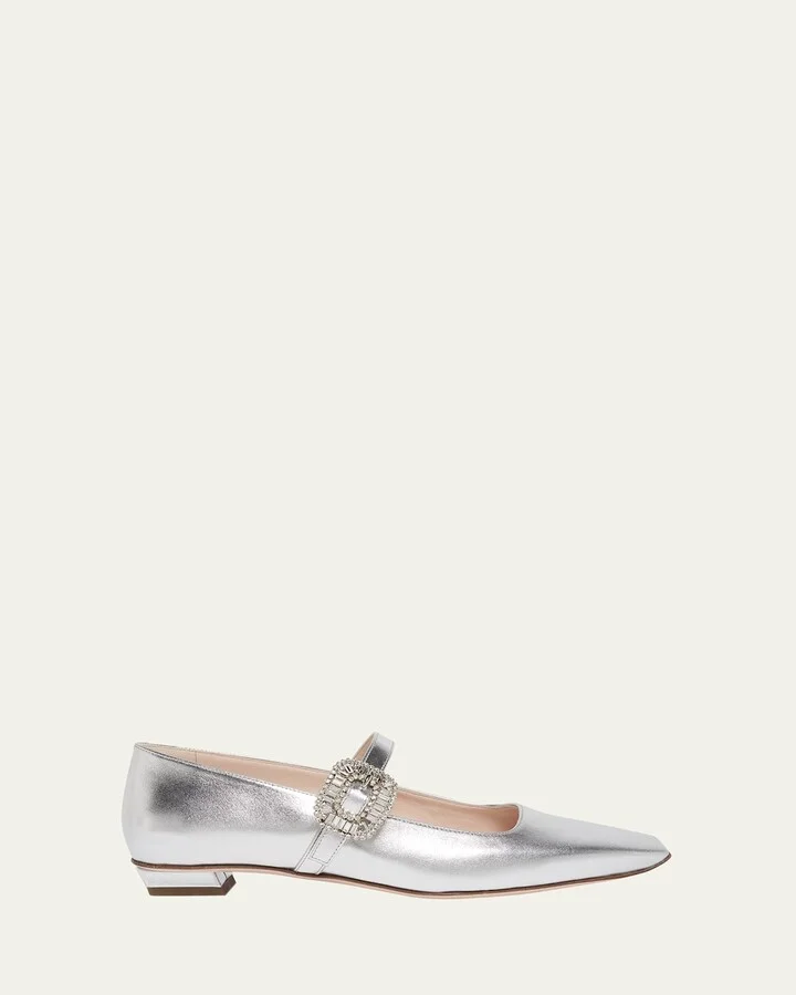 Belle Vivier Metallic Leather Crystal Buckle Mary Jane Ballerina Flats