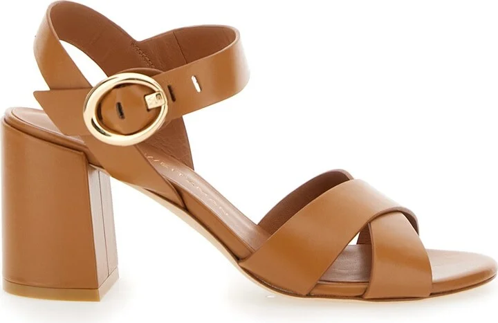 'benni Block' Brown Heeled Sandal With Open Toe And Ankle Strap In Leather Woman