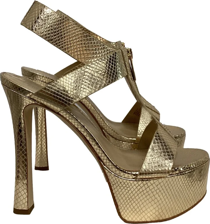 Berkley Platform Sandal in Pale Gold Metallic Snake Embossed Leather