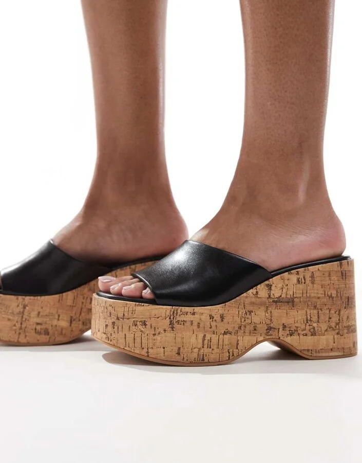Bershka cork flatform sandals in black & natural - Image 3