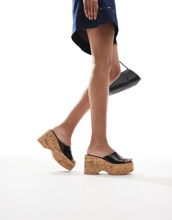 Bershka cork flatform sandals in black & natural