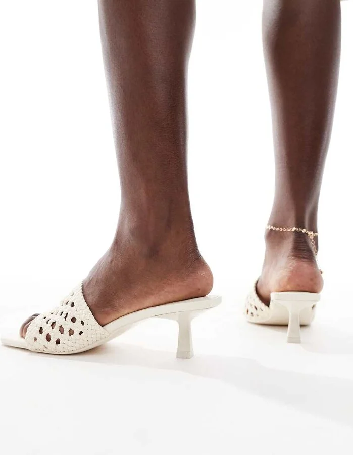Bershka crochet kitten heeled sandals in ecru - Image 3