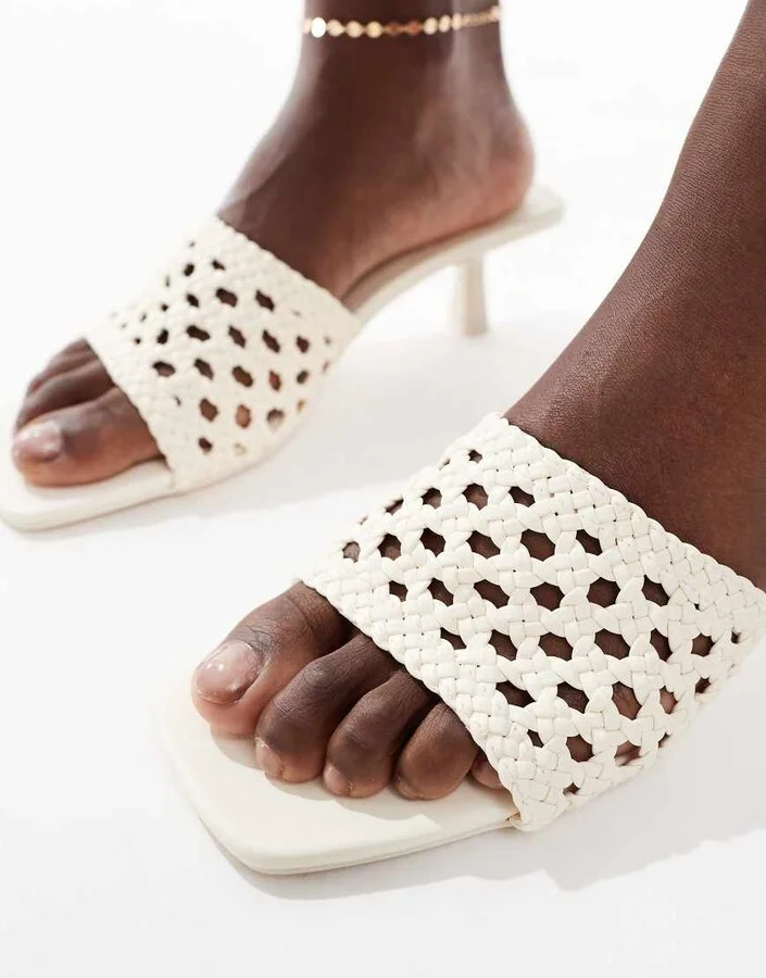 Bershka crochet kitten heeled sandals in ecru - Image 4