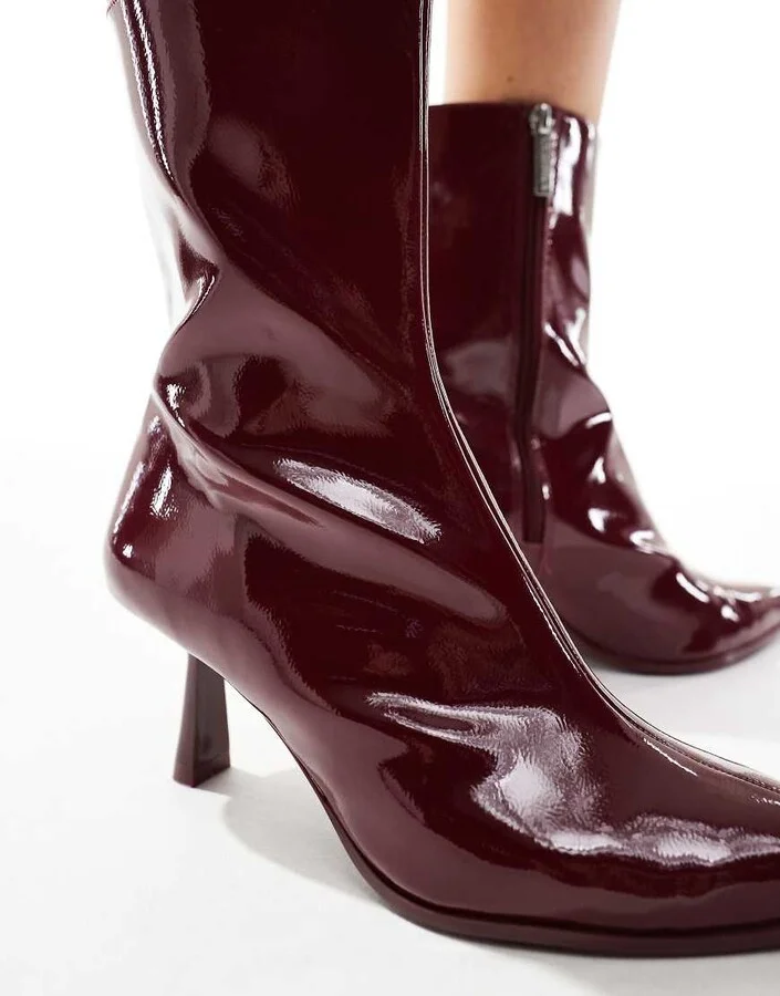 Bershka pointed heeled boots in burgundy - Image 4