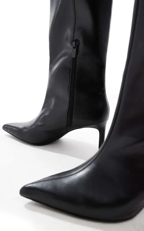 Bershka pointed toe faux leather calf length boots in black - Image 3