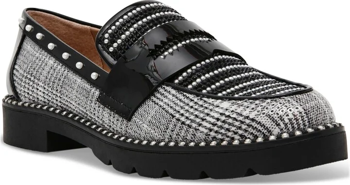 Betsey Johnson Women's Darian Pearl-Embellished Tailored Lug-Sole Loafers - Black/White Houndstooth