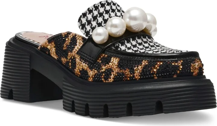 Betsey Johnson Women's Haizel Loafer Platform Mules - Black/White Houndstooth/Leopard Multi