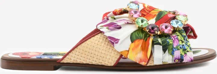 Bianca Floral Flat Sandals with Crystal Buckle