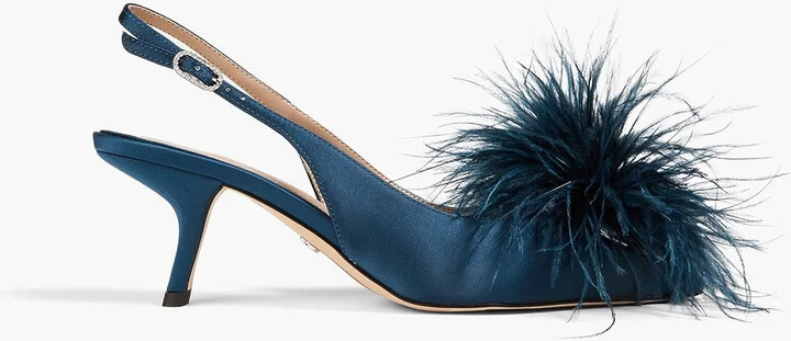 Bianka feather-embellished satin slingback pumps