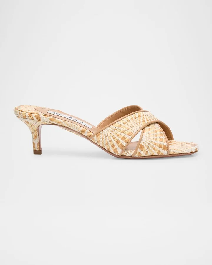Bicolor Raffia Crisscross Slide Sandals