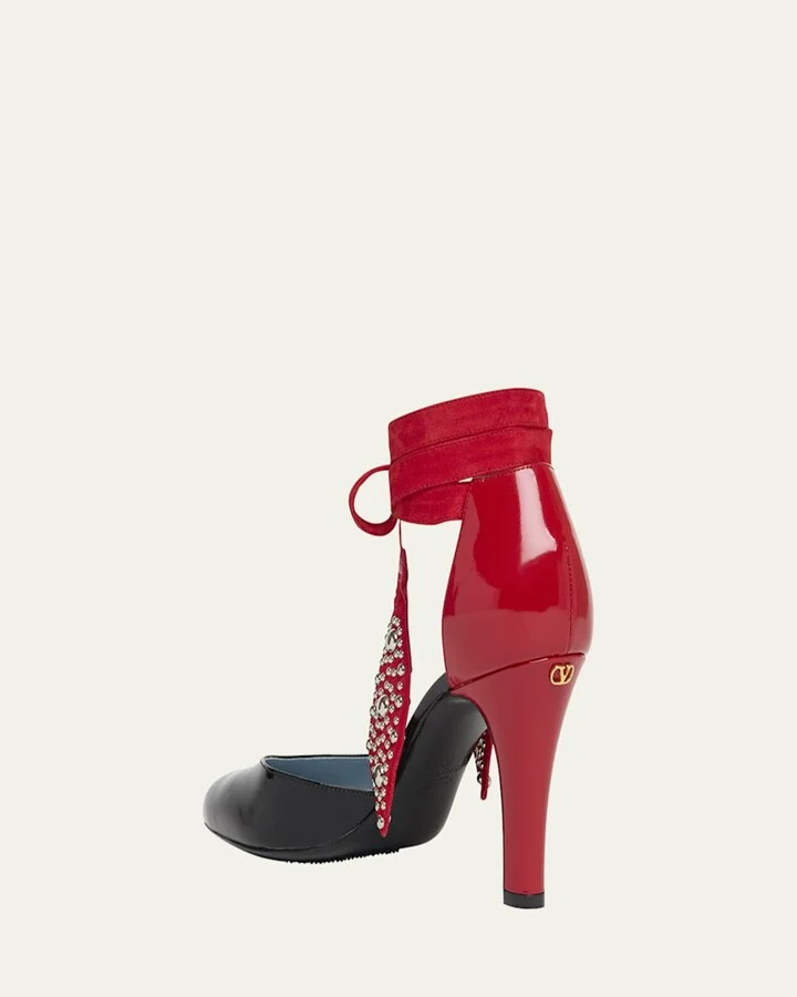 Bicolor Studded Mixed Leather Ankle-Wrap Pumps - Image 2
