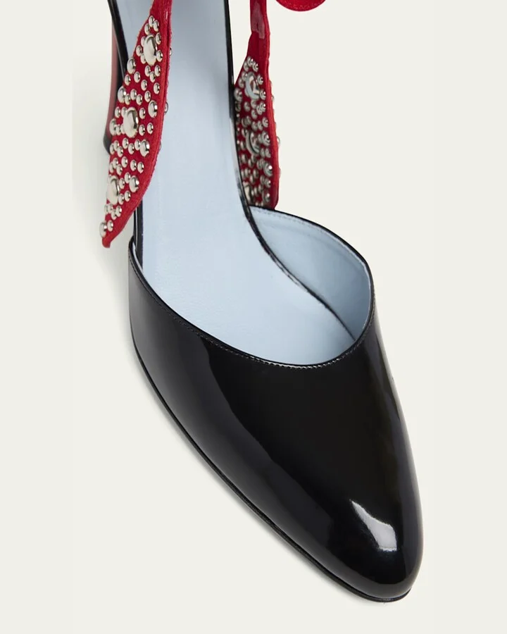 Bicolor Studded Mixed Leather Ankle-Wrap Pumps - Image 4