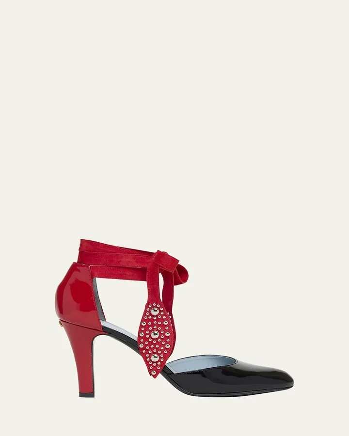 Bicolor Studded Mixed Leather Ankle-Wrap Pumps