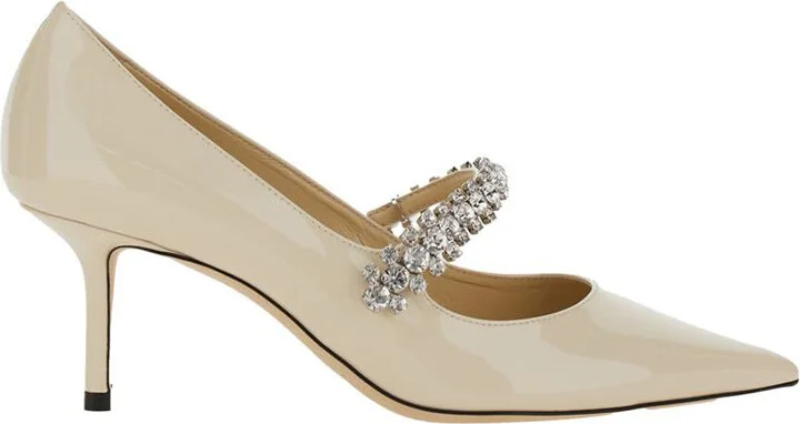'Bing' White Pumps With Crystal Embellishments And High Cone Heel In Patent Leather Blend Woman
