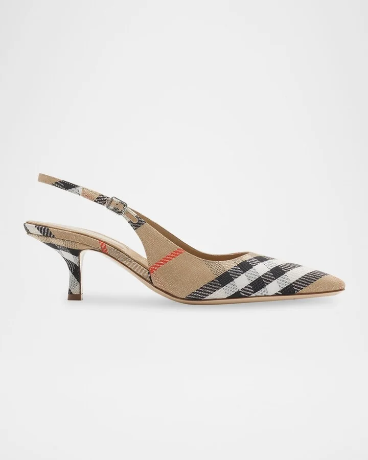 Birdie Metallic Check Slingback Kitten-Heel Pumps