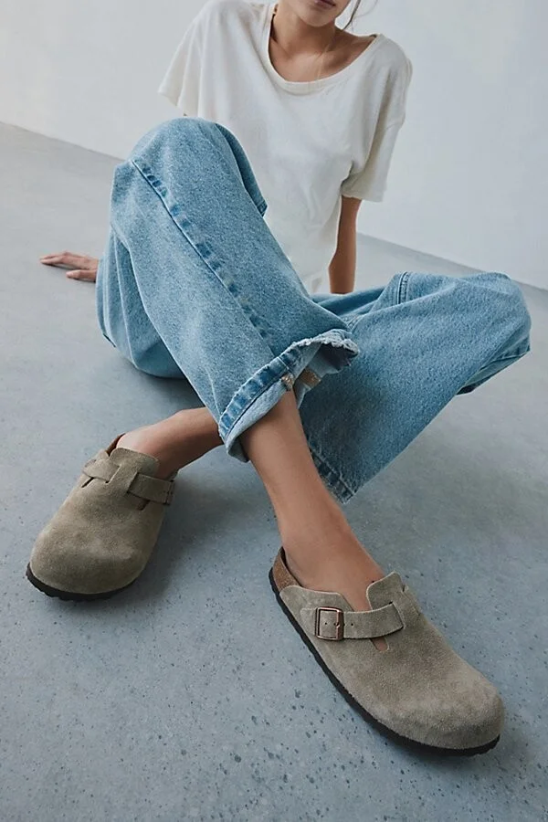 Birkenstock Women's Boston Soft Footbed Suede Clog in Taupe