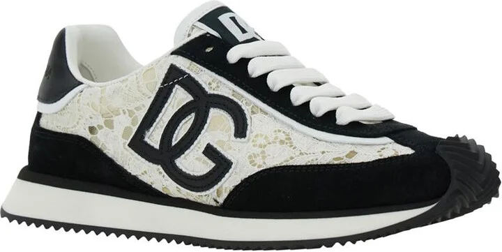 Black And White Low Top With Lace Details And Dg Patch On The Side In Fabric And Suede Blend Woman - Image 2