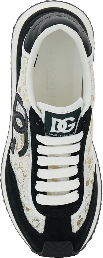 Black And White Low Top With Lace Details And Dg Patch On The Side In Fabric And Suede Blend Woman - Image 4