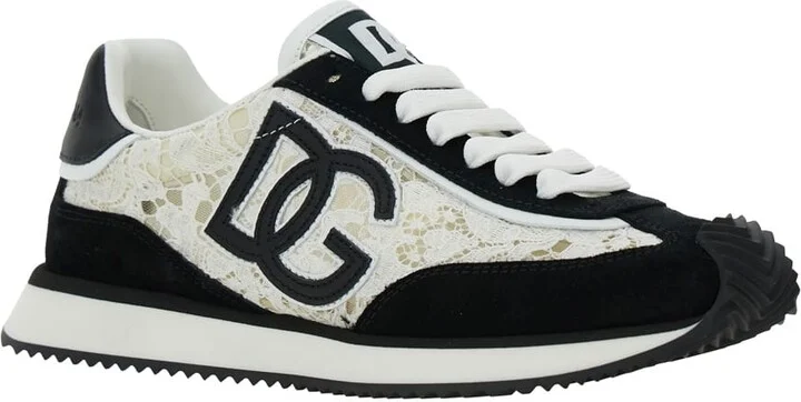 Black And White Low Top With Lace Details And Dg Patch On The Side In Fabric And Suede Blend Woman - Image 2