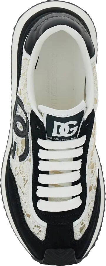 Black And White Low Top With Lace Details And Dg Patch On The Side In Fabric And Suede Blend Woman - Image 4