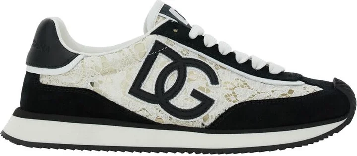 Black And White Low Top With Lace Details And Dg Patch On The Side In Fabric And Suede Blend Woman