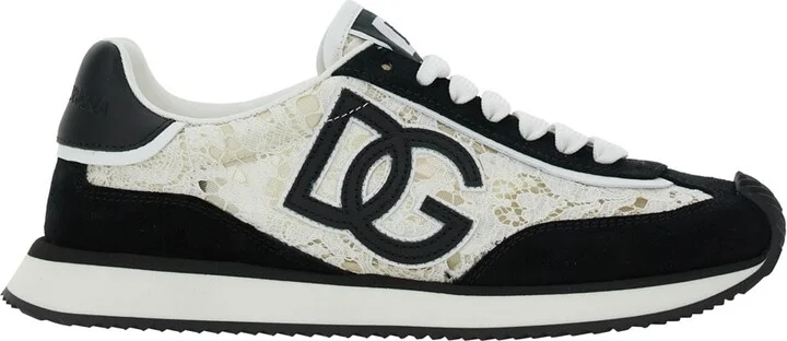 Black And White Low Top With Lace Details And Dg Patch On The Side In Fabric And Suede Blend Woman