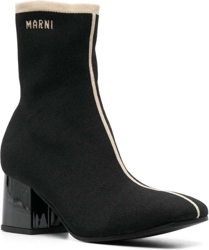 Black Ankle Boot In Leather With Medium And Wide Heel Ecru-Colored Details - Image 2