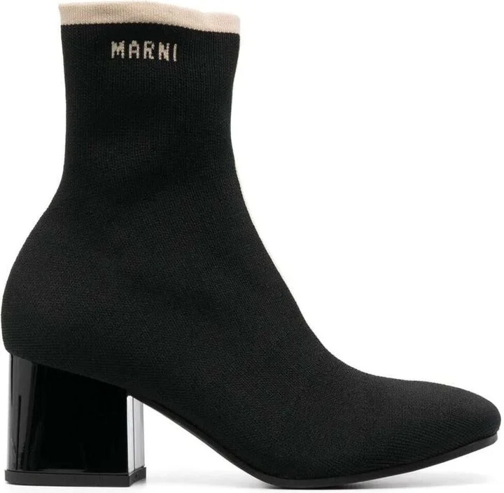 Black Ankle Boot In Leather With Medium And Wide Heel Ecru-Colored Details