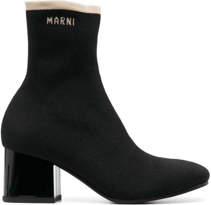 Black Ankle Boot In Leather With Medium And Wide Heel Ecru-colored Details