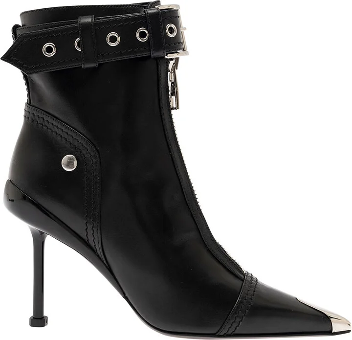 Black Ankle Boots With Buckle And Zip Closure In Leather Women