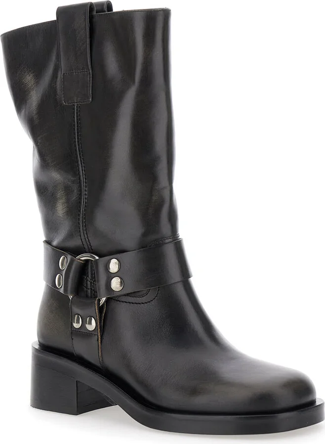 Black Ankle Boots With Studs And Ring In Leather Woman - Image 2