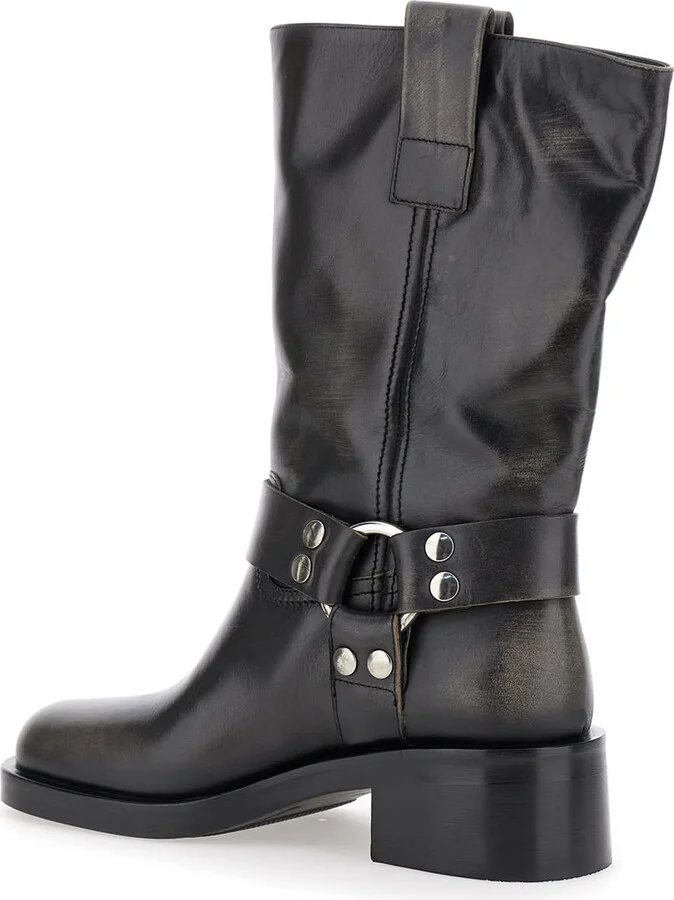 Black Ankle Boots With Studs And Ring In Leather Woman - Image 3