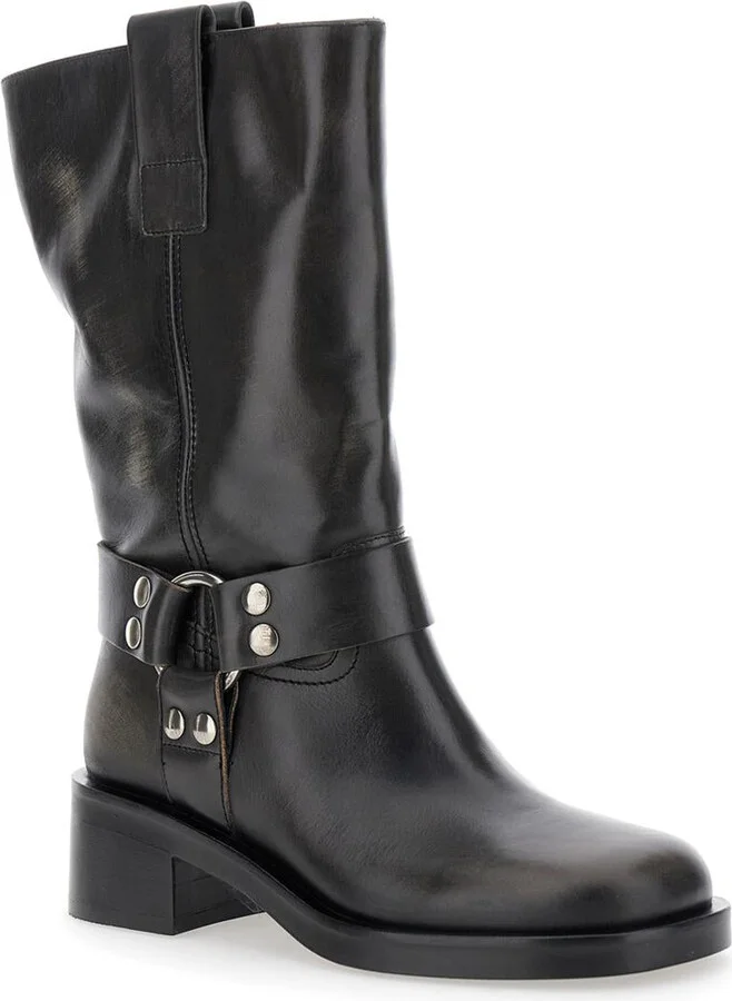 Black Ankle Boots With Studs And Ring In Leather Woman - Image 2