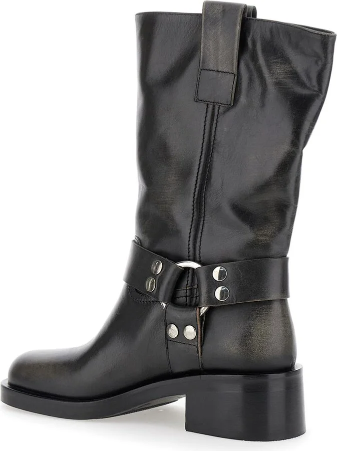 Black Ankle Boots With Studs And Ring In Leather Woman - Image 3