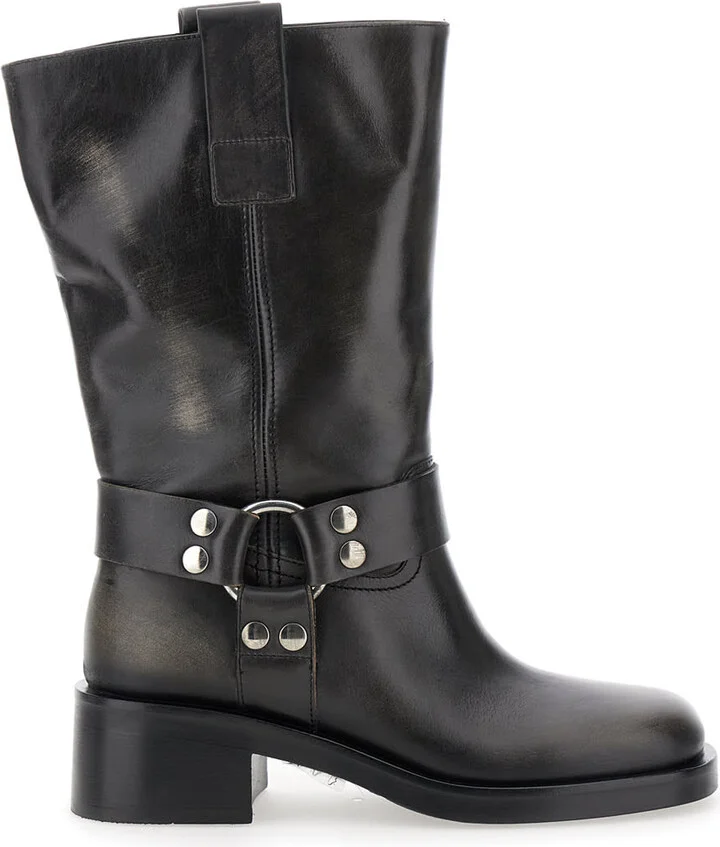 Black Ankle Boots With Studs And Ring In Leather Woman