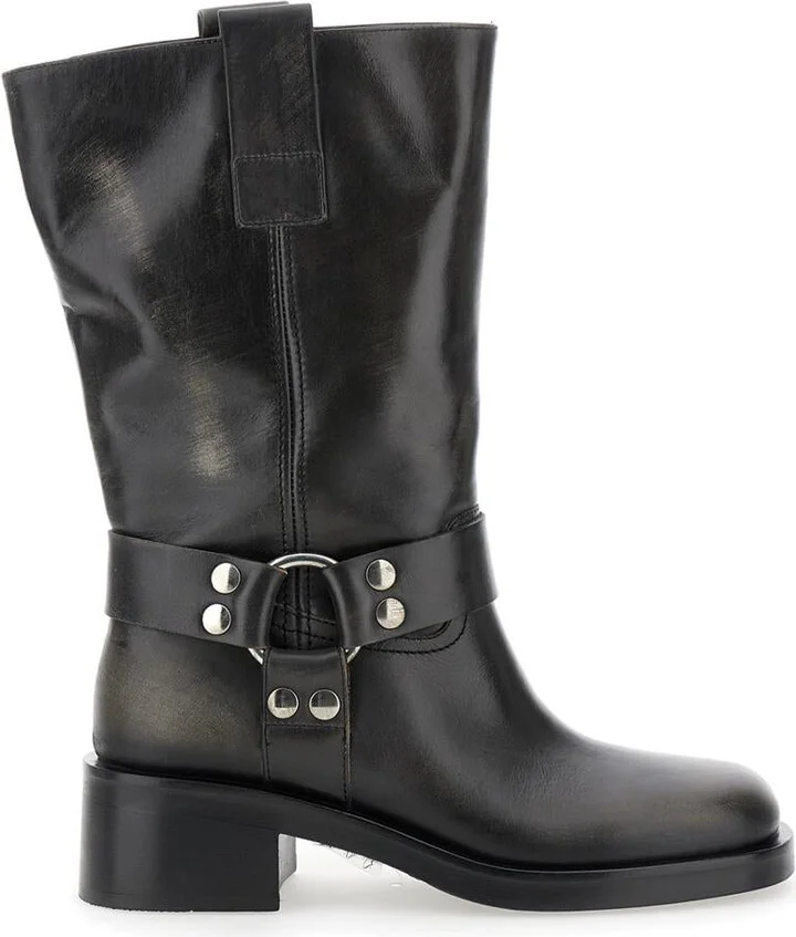 Black Ankle Boots With Studs And Ring In Leather Woman