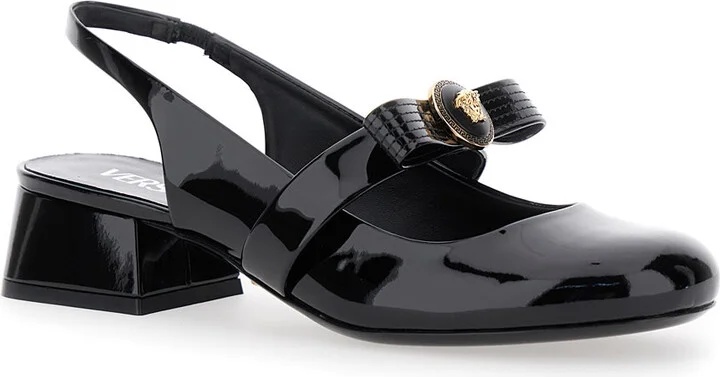 Black Ballerina Shoes With Heel And Medusa Detail On The Front In Shiny Leather Woman - Image 2