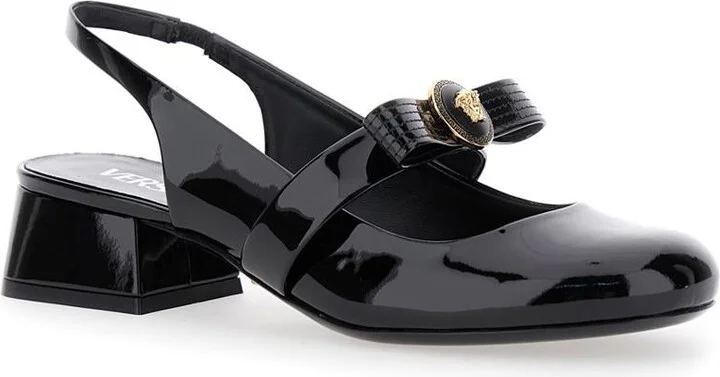 Black Ballerina Shoes With Heel And Medusa Detail On The Front In Shiny Leather Woman - Image 2