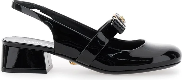 Black Ballerina Shoes With Heel And Medusa Detail On The Front In Shiny Leather Woman